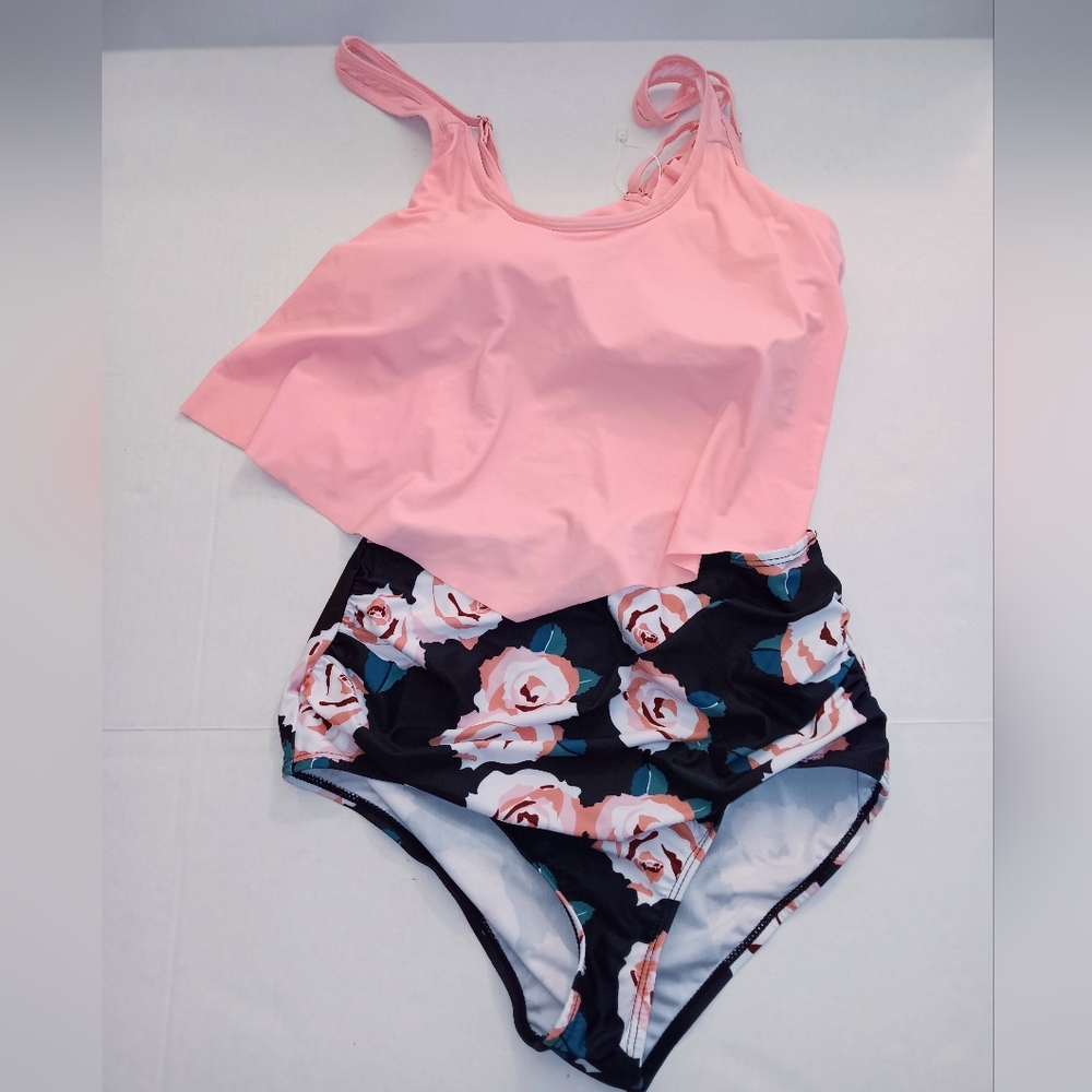 Bathing Swim Suit Black Floral 2 Piece Full Coverage Flowy Tank Removable Padded